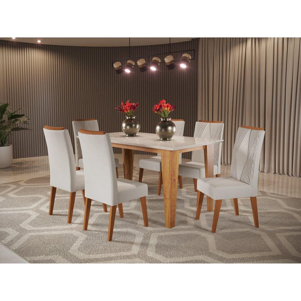 Mesa de Jantar Retangular Marie com 6 Cadeiras Vegas Mel/Marfim/Off White