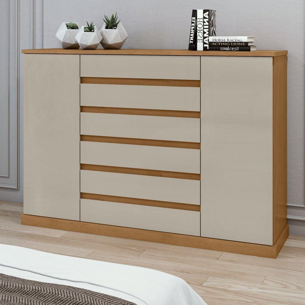 Cômoda 2 Portas 7 Gavetas 3 Prateleiras Vedra Amêndoa Clean/Off White