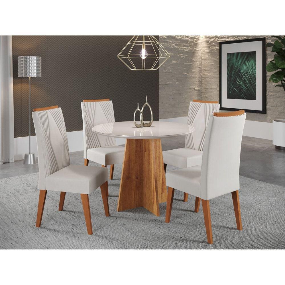 Mesa de Jantar Redonda Riu com 4 Cadeiras Vegas Mel/Marfim/Off White
