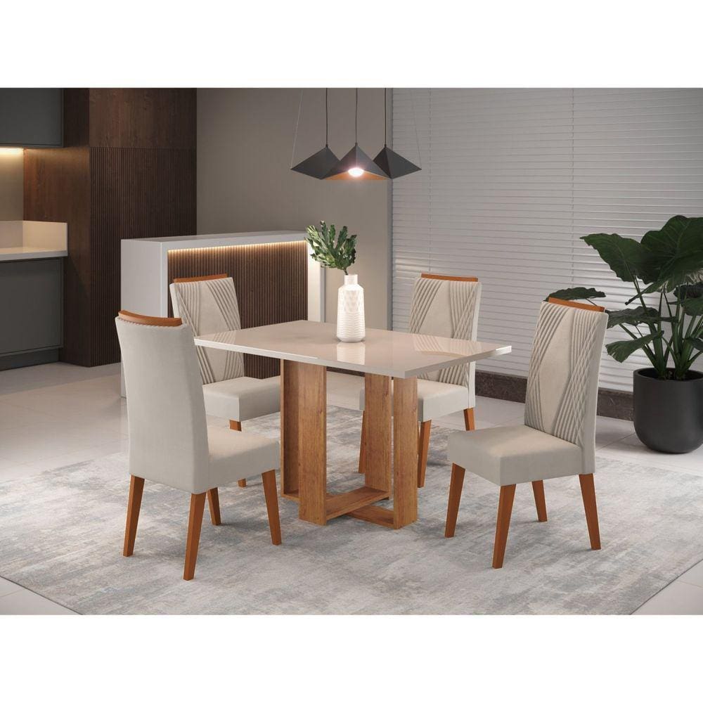 Mesa de Jantar Retangular Claire com 4 Cadeiras Vegas Mel/Marfim/Off White