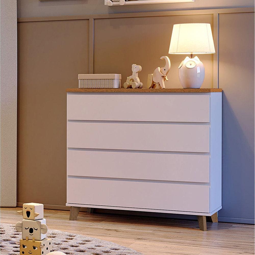 Cômoda Ninho 4 Gavetas, 100 Cm Tampo Madeira Branco/Mel