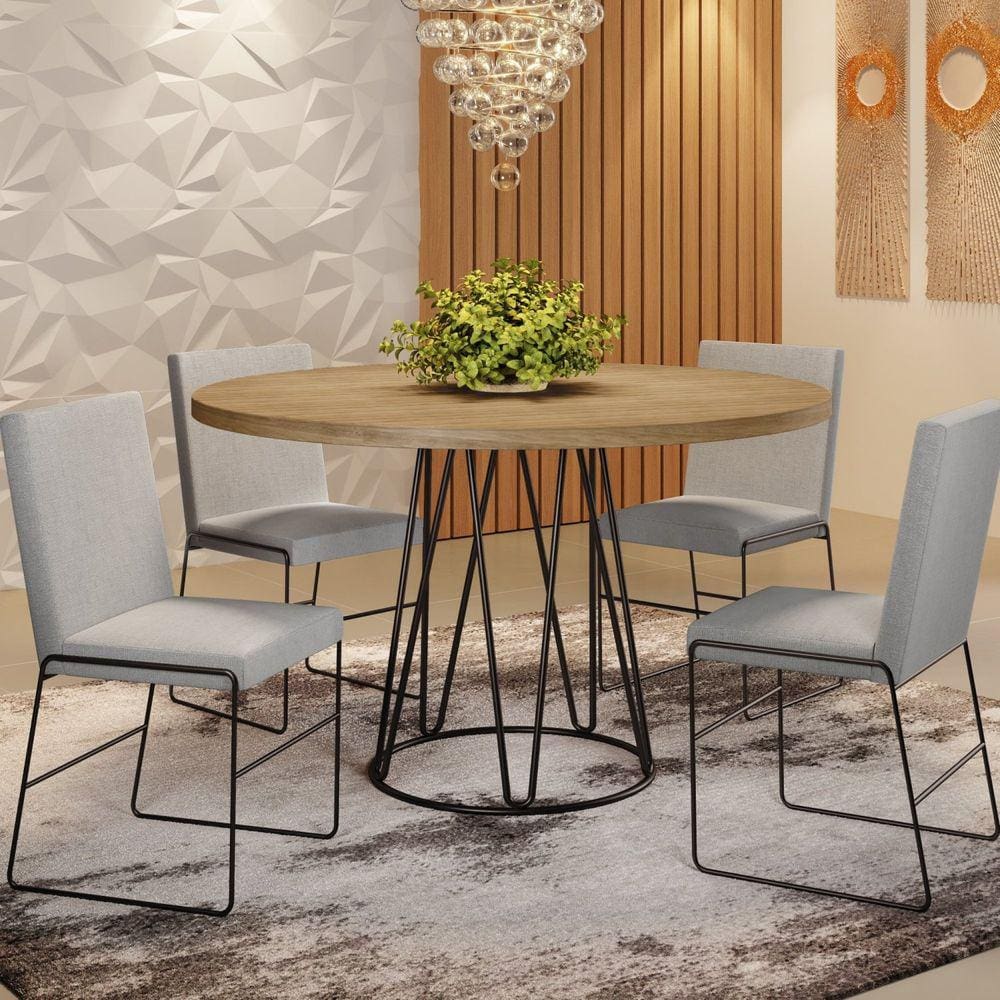 Conjunto Sala de Jantar Mesa 110cm MDF/BP e 4 Cadeiras Dubai Mais Decor Linho Cinza Claro/Preto Fosco/Siena