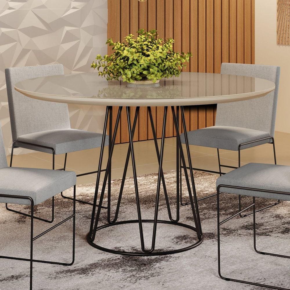 Mesa de Jantar 110cm Tampo MDF Laqueado/Vidro Dubai Mais Decor Preto/Off White