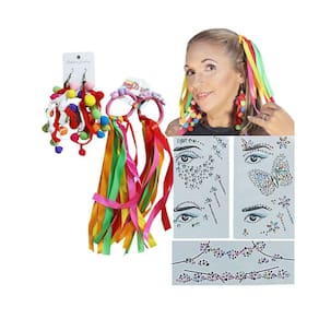 Adesivo Face Jewels 3 Cartelas + Brinco + Elástico Cabelo: 5 Produtos Festa Carnaval