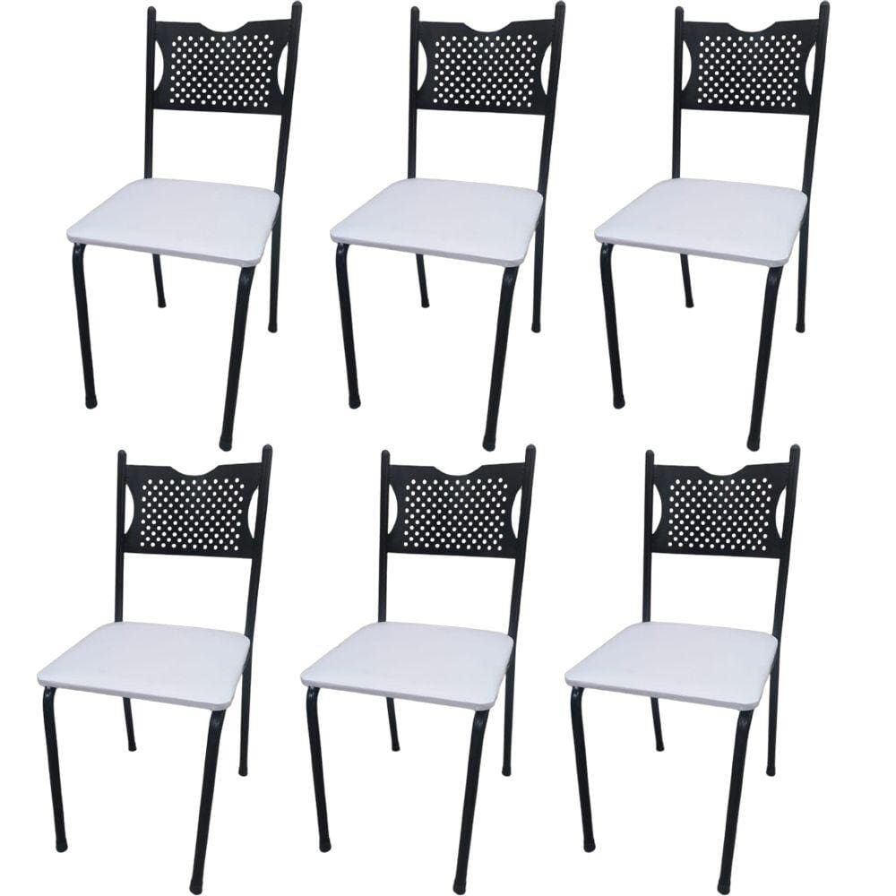 Kit 6 Cadeira para Cozinha MC Tubular Almofadada Estrutura Preta com Assento Branco
