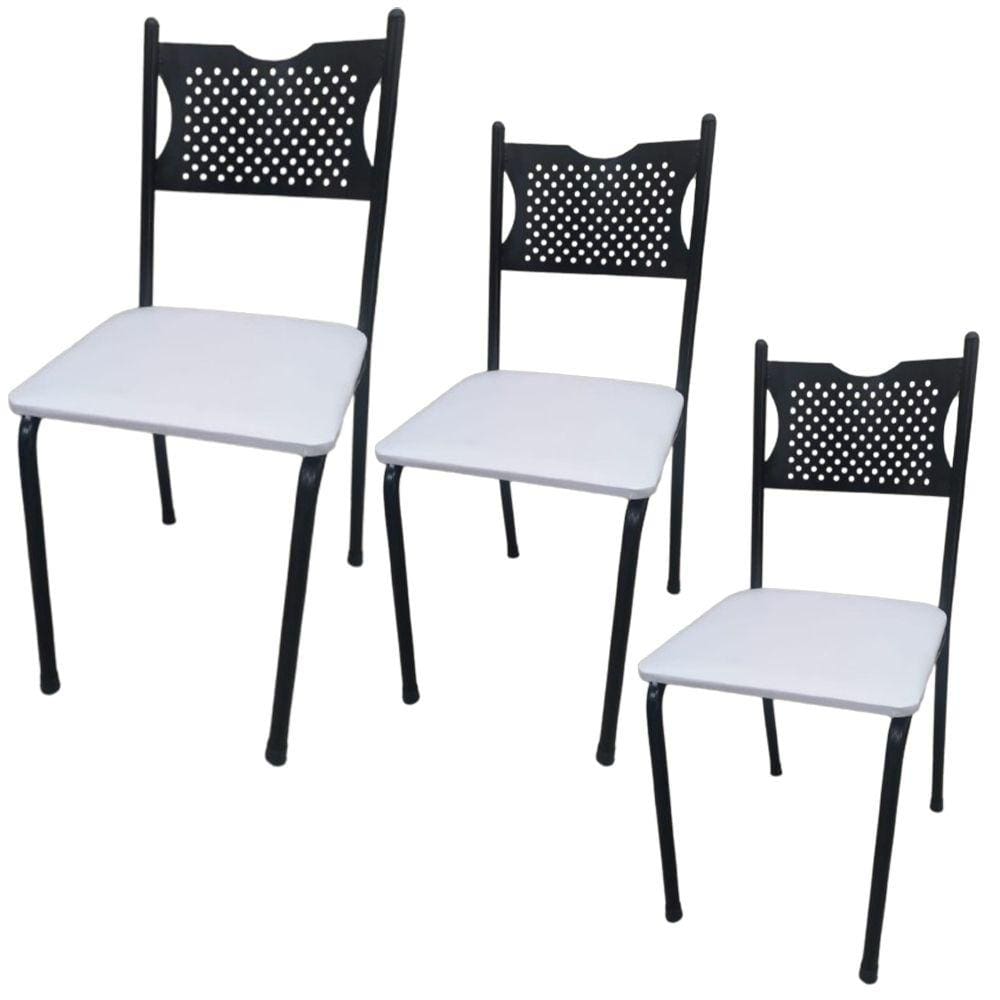 Kit 3 Cadeira para Cozinha MC Tubular Almofadada Estrutura Preta com Assento Branco