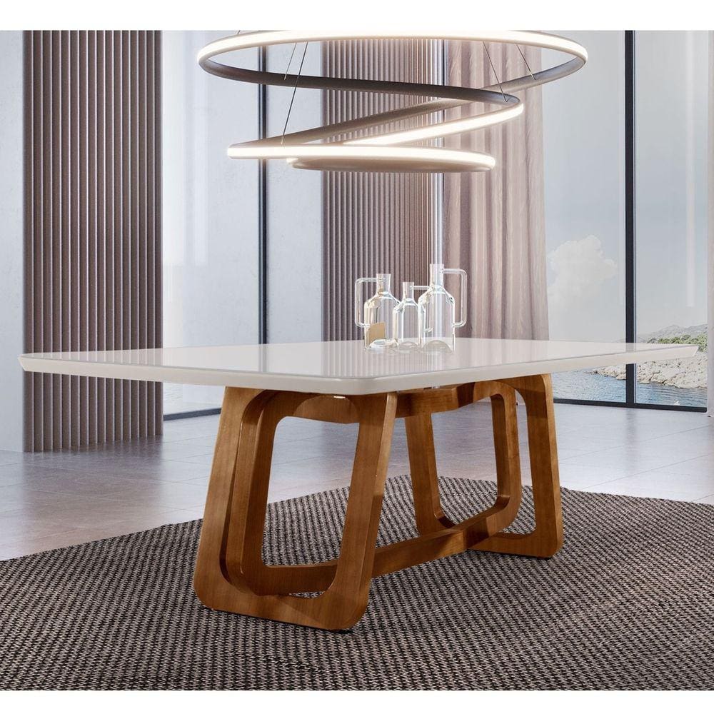 Mesa em Madeira Maciça 220x110cm Tampo Vidro Genova Mobilare Cinamomo Imbuia/Off White