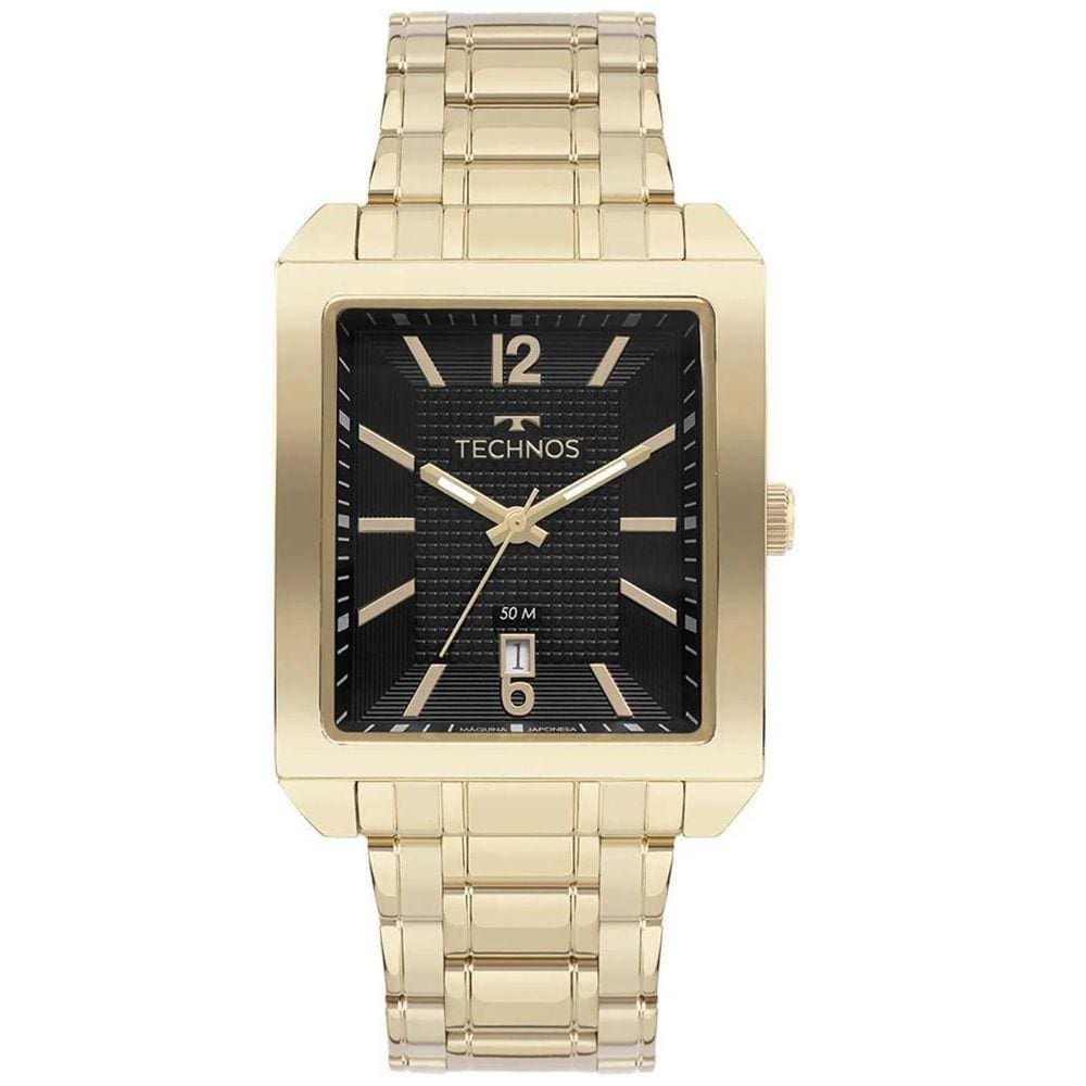 Relogio Technos Masculino dourado preto quadrado social calendario 2115KOBS/1P