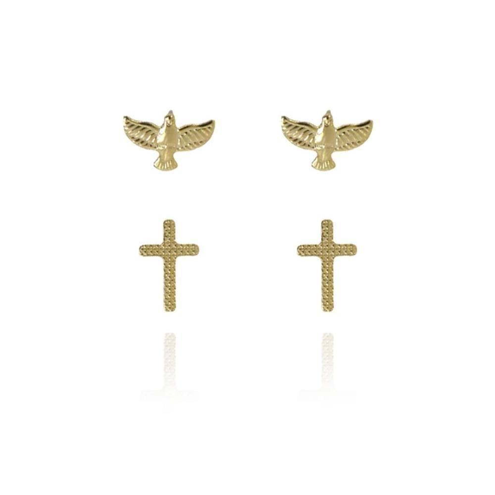 Duo De Cruz E Espírito Santo Folheado Em Ouro 18k [f027]