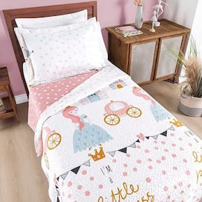 Kit Cobre Leito Colcha Carrosel Infantil Solteiro 2 Peças Microfibra Dupla Face - Princesa Princess