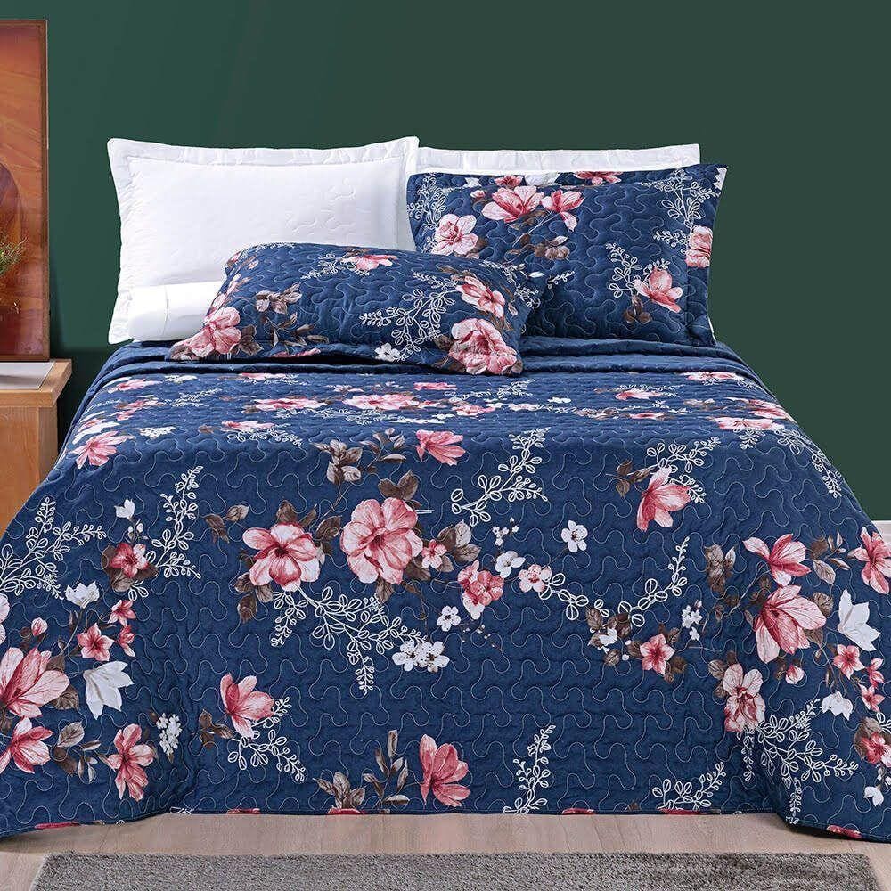 Kit Cobre Leito Colcha Júlia King 03 Peças Micropercal 200 Fios Duplaface Estampa Floral - Encantada
