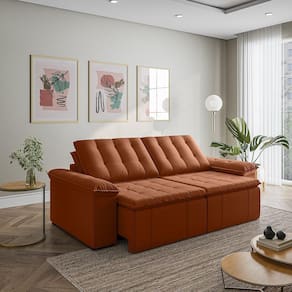 Sofá Cama Retrátil e Reclinável 3 Lugares 260cm em Veludo com Molas Palmeira Cabecasa Madeiramadeira Terracota