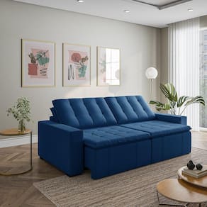 Sofá Cama Retrátil e Reclinável 4 Lugares 280cm em Veludo com Molas e Braço Reto Palmeira Cabecasa M Azul