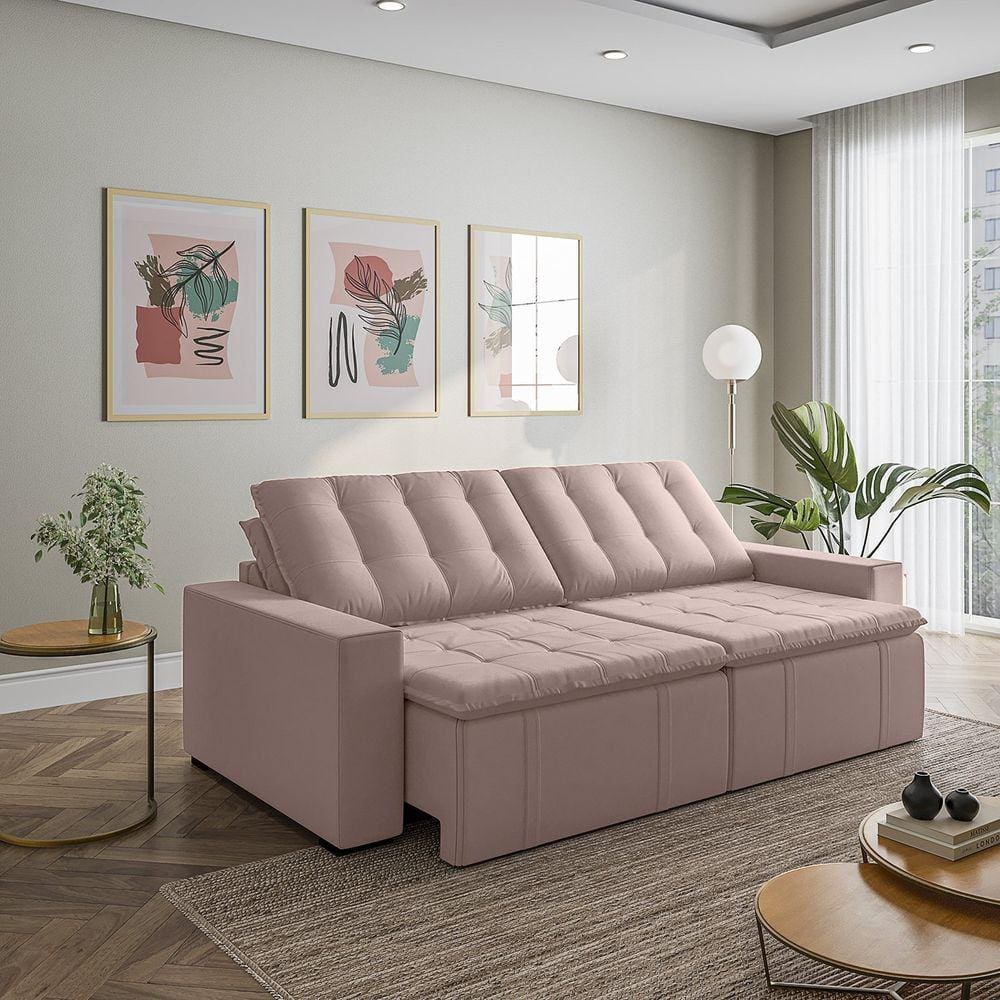 Sofá Cama Retrátil e Reclinável 4 Lugares 280cm em Veludo com Molas e Braço Reto Palmeira Cabecasa M Rosa