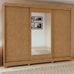 Guarda-Roupa 3 Portas 4 Gavetas Nice com espelho e com Pés Amêndoa Clean/Off White