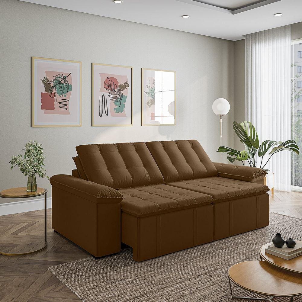 Sofá Cama Retrátil e Reclinável 3 Lugares 260cm em Veludo com Molas Palmeira Cabecasa Madeiramadeira Marrom