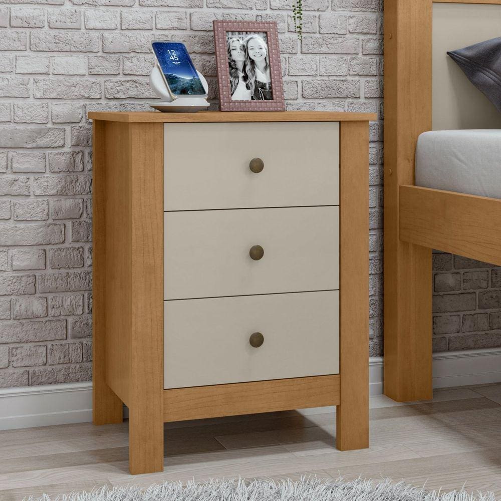 Mesa de Cabeceira 3 Gavetas Maggiore New Amêndoa Clean/Off White