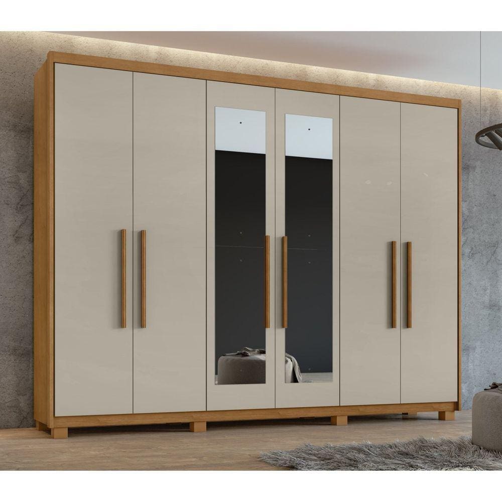 Guarda-roupa 6 Portas 5 Gavetas Áries com Espelho e com Pés Amêndoa Clean/Off White