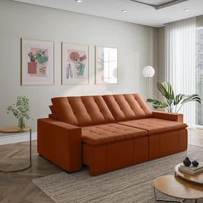 Sofá Cama Retrátil e Reclinável 4 Lugares 280cm em Veludo com Molas e Braço Reto Palmeira Cabecasa M Terracota