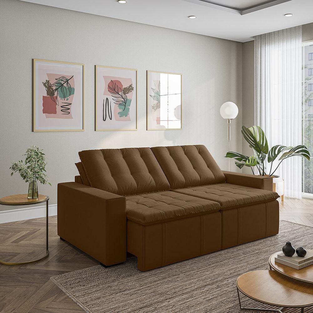 Sofá Cama Retrátil e Reclinável 3 Lugares 260cm em Veludo com Molas e Braço Reto Palmeira Cabecasa M Marrom