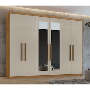Guarda-Roupa 6 Portas 5 Gavetas Áries com espelho Amêndoa Clean/Off White