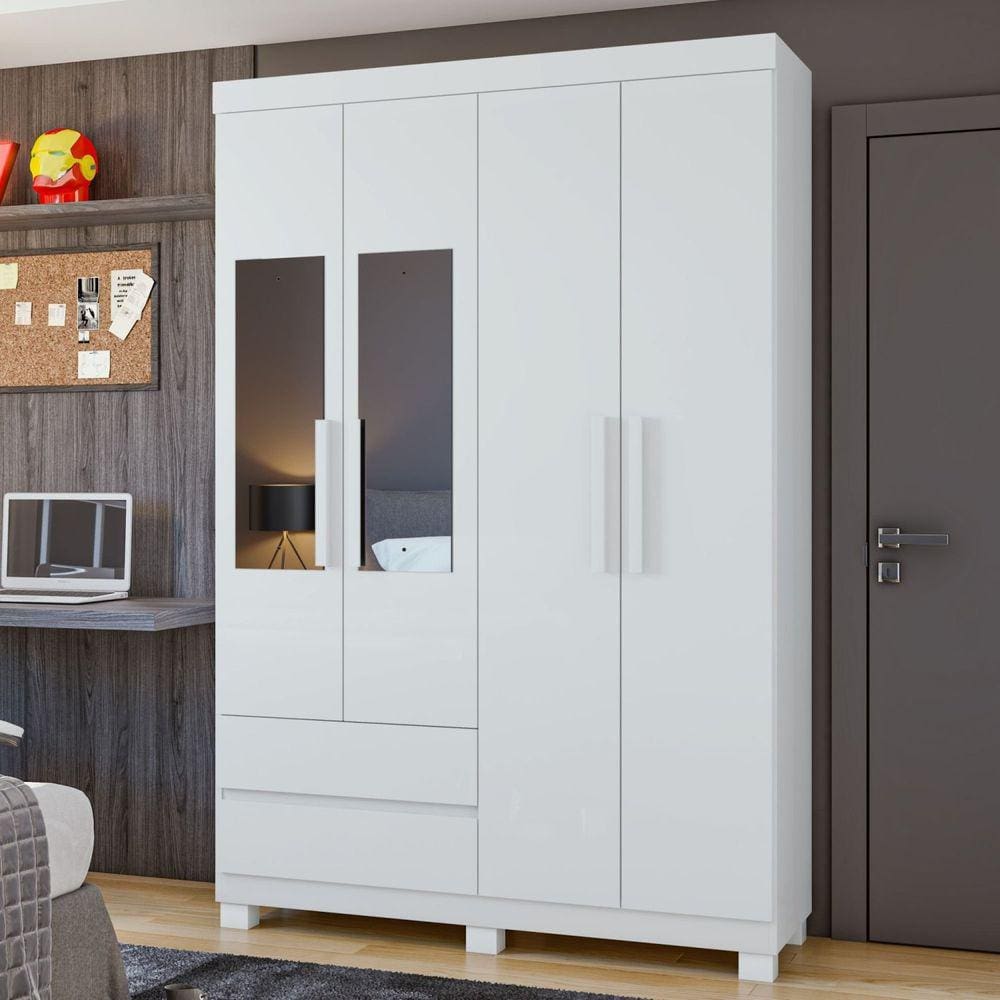 Guarda-Roupa 4 Portas 2 Gavetas Zeus com espelho e com Pés Branco