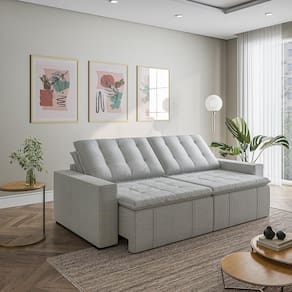 Sofá Cama Retrátil e Reclinável 4 Lugares 280cm em Linho com Molas e Braço Reto Palmeira Cabecasa Ma Prata