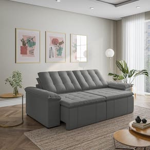 Sofá Cama Retrátil e Reclinável 3 Lugares 260cm em Veludo com Molas Palmeira Cabecasa Madeiramadeira Cinza