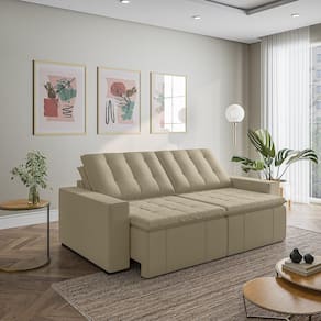 Sofá Cama Retrátil e Reclinável 3 Lugares 260cm em Veludo com Molas e Braço Reto Palmeira Cabecasa M Bege