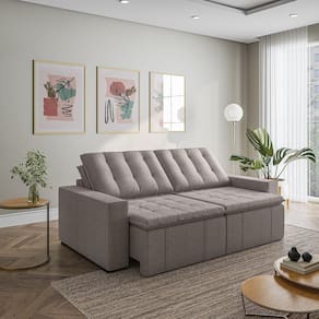 Sofá Cama Retrátil e Reclinável 3 Lugares 260cm em Linho com Molas e Braço Reto Palmeira Cabecasa Ma Marrom