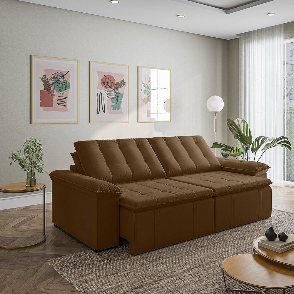 Sofá Cama Retrátil e Reclinável 4 Lugares 280cm em Veludo com Molas Palmeira Cabecasa Madeiramadeira Marrom