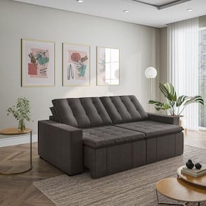 Sofá Cama Retrátil e Reclinável 3 Lugares 260cm em Linho com Molas e Braço Reto Palmeira Cabecasa Ma Cinza