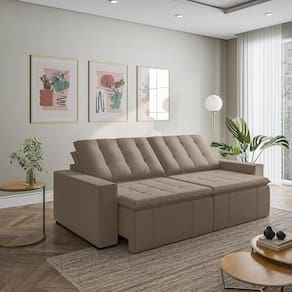 Sofá Cama Retrátil e Reclinável 4 Lugares 280cm em Veludo com Molas e Braço Reto Palmeira Cabecasa M Castor