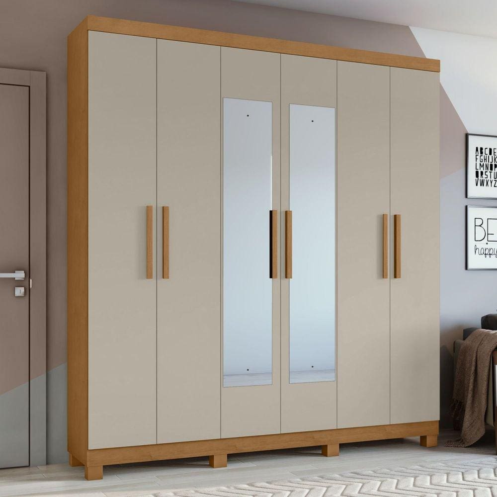 Guarda-roupa Casal 6 Portas 3 Gavetas Jazz com Espelho e com Pés Amêndoa Clean/Off White
