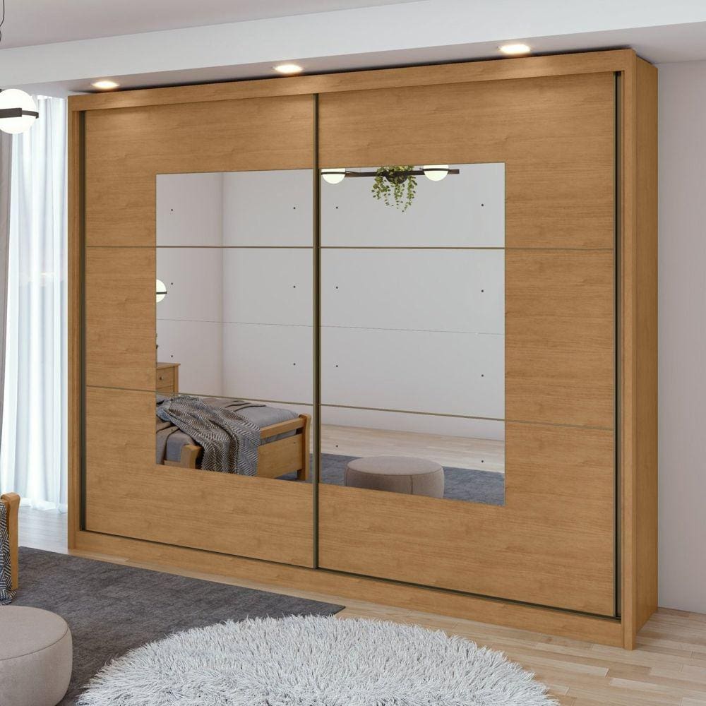 Guarda-Roupa Casal 2 Portas 6 Gavetas 100% MDF Toronto com espelho Amêndoa Clean/Off White/Amêndoa Clean