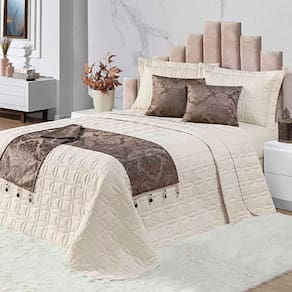 Kit Cobre Leito Colcha Midna King 8 Peças Dupla Face Xale Floral Jacquard Pedraria - Marrom Palha