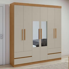 Guarda-Roupa 6 Portas 4 Gavetas Zeus com espelho Amêndoa Clean/Off White