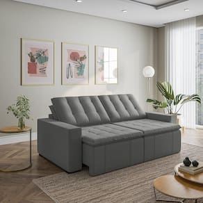 Sofá Cama Retrátil e Reclinável 3 Lugares 260cm em Veludo com Molas e Braço Reto Palmeira Cabecasa M Cinza
