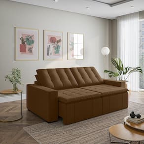 Sofá Cama Retrátil e Reclinável 3 Lugares 260cm em Veludo com Molas e Braço Reto Palmeira Cabecasa M Castor