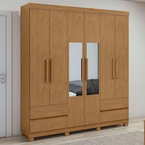Guarda-Roupa 6 Portas 4 Gavetas Zeus com espelho e com Pés Amêndoa Clean