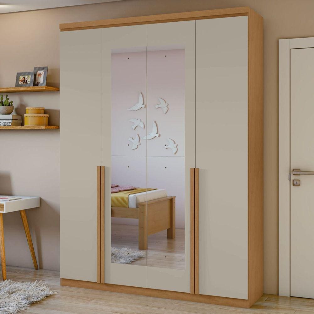 Guarda-roupa 4 Portas 2 Gavetas 100% Mdf Alonzo com Espelho Amêndoa Clean/Off White
