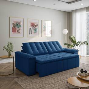 Sofá Cama Retrátil e Reclinável 3 Lugares 260cm em Veludo com Molas Palmeira Cabecasa Madeiramadeira Azul
