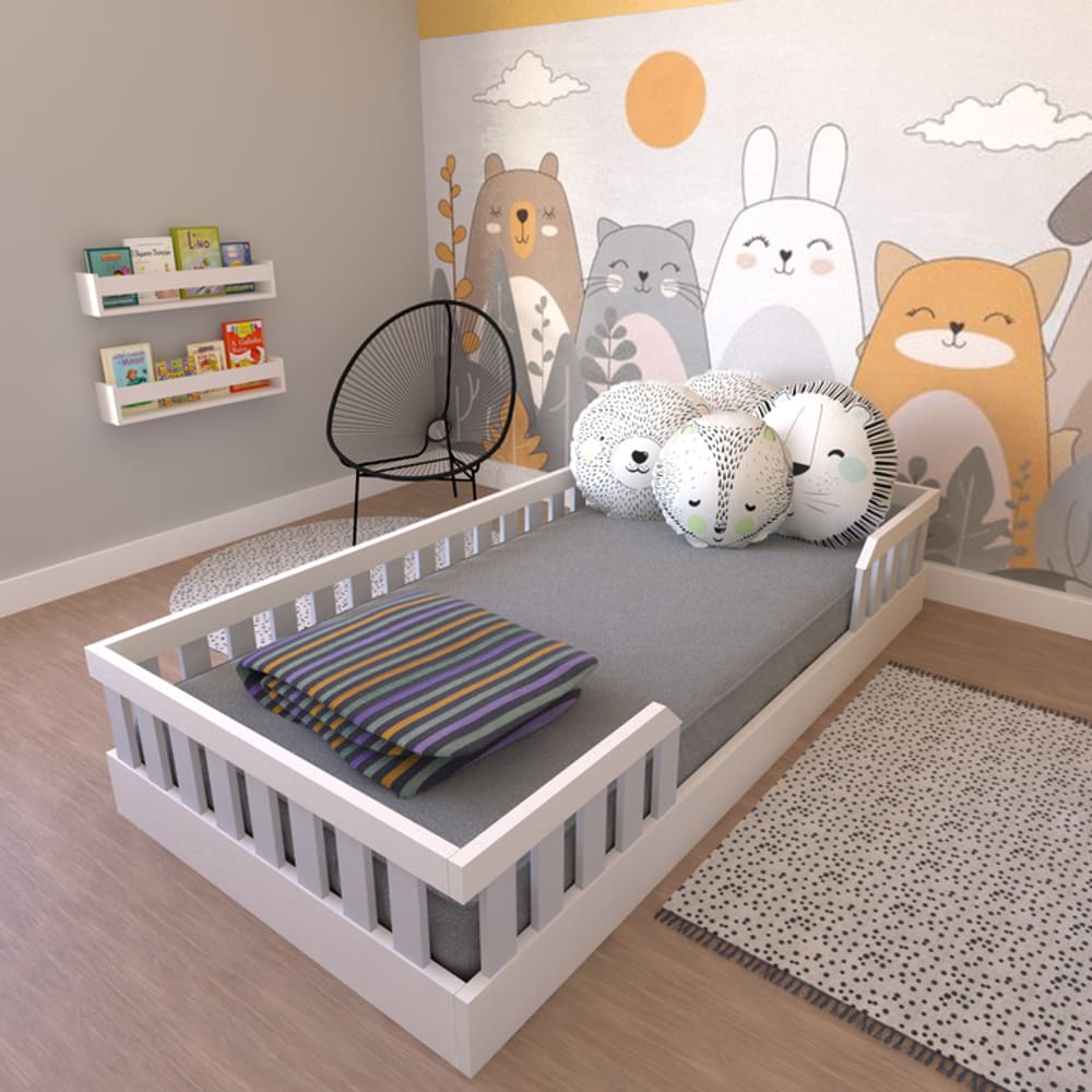 Cama Infantil Montessoriana Solteiro Cori Yescasa Branco/Cinza Cristal