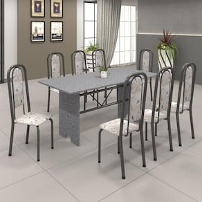 Conjunto de Mesa 180x75cm Tampo Granito com 8 Cadeiras Lavínea Soma Móveis Martelado Prata/Ocre/Botanic Bege