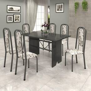 Conjunto de Mesa 140x75cm Tampo Ardósia com 6 Cadeiras Lavínea Soma Móveis Martelado Prata/Arabesco