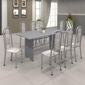 Conjunto de Mesa 180x75cm Tampo Granito com 8 Cadeiras Lavínea Soma Móveis Martelado Pérola/Ocre/Botanic Bege