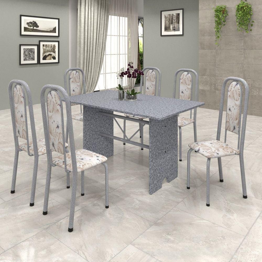 Conjunto de Mesa 140x75cm Tampo Granito com 6 Cadeiras Lavínea Soma Móveis Martelado Pérola/Ocre/Botanic Bege