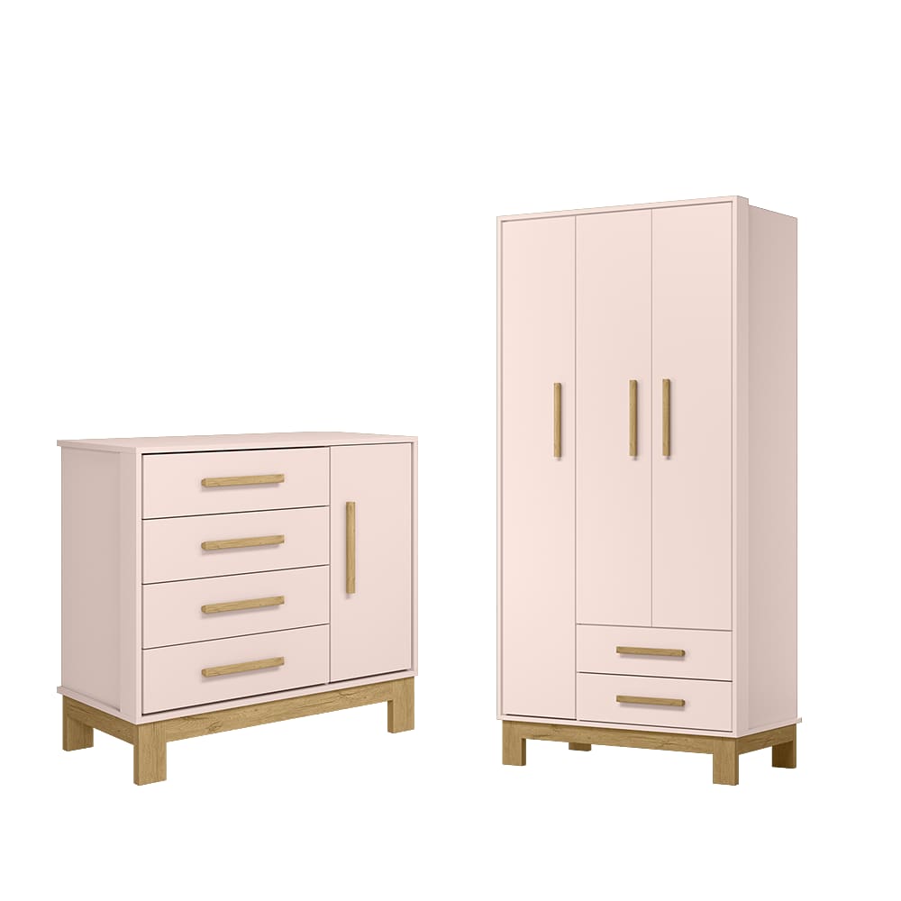 Kit Guarda Roupa 3 Portas Infantil com Cômoda Sapateira Encantado Q01 Rosa Clique Chique