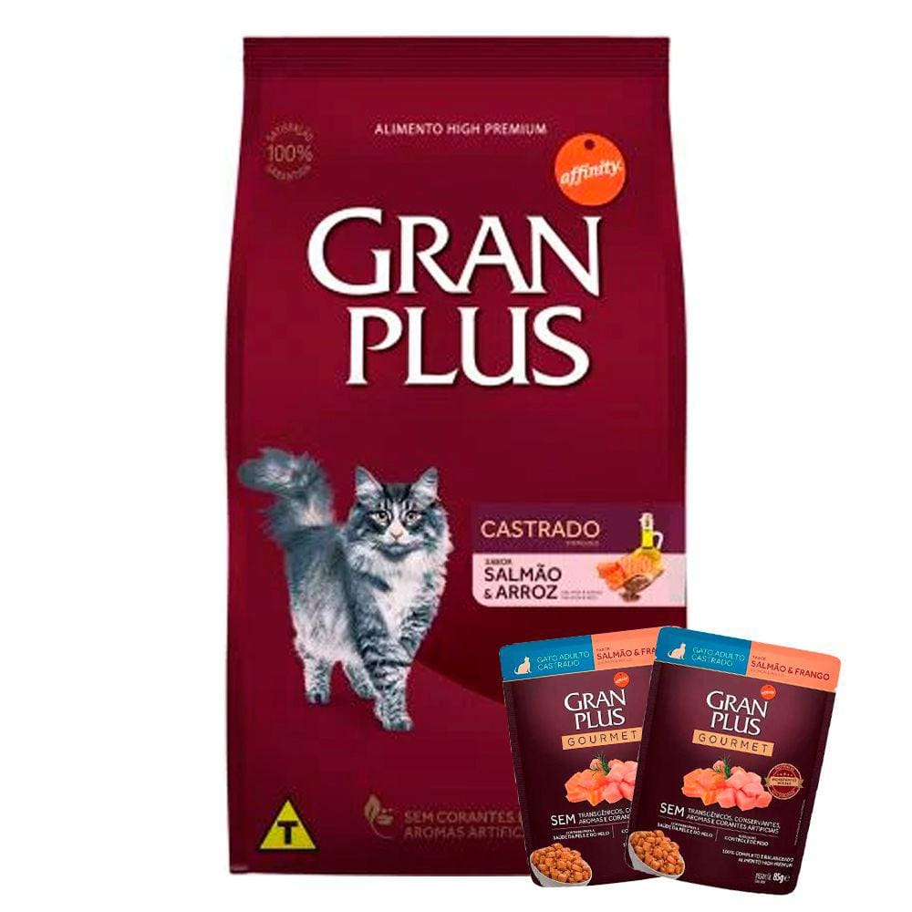 Ração Gran Plus Gatos Adultos Castrados Salmão e Arroz 10,1kg + Surpresa