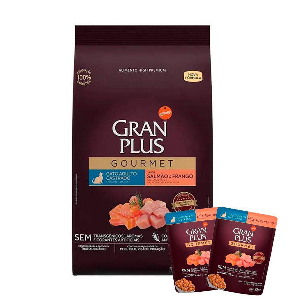 Ração Gran Plus Gourmet Gatos Castrados Salmão E Frango - 10,1Kg + Surpresa